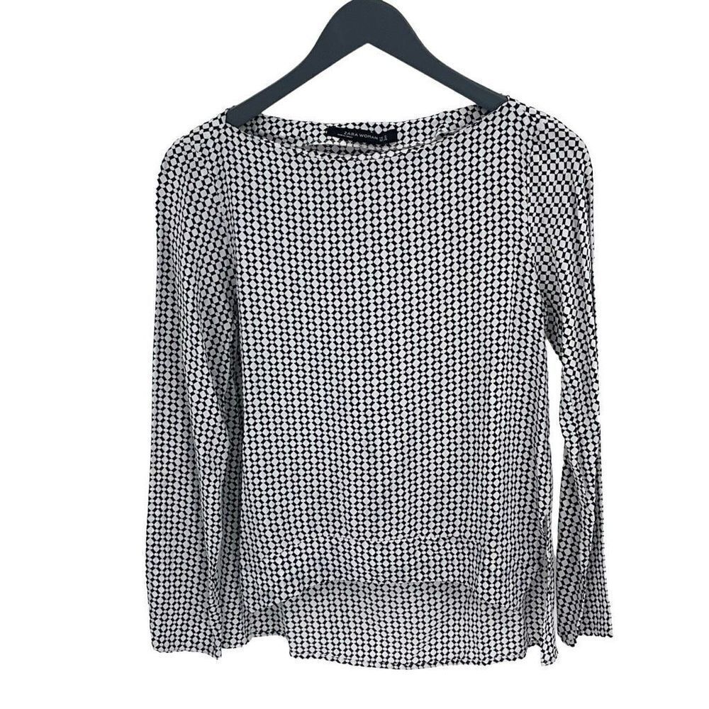 Zara Womens Geometric Hi Low Boat Neck Long Sleeve Blouse Black White Medium